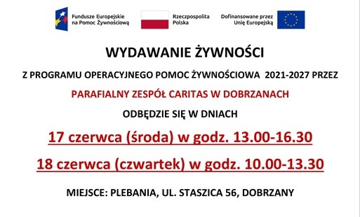WYDAWANIE ŻYWNOŚCI Z PROGRAMU OPERACYJNEGO POMOC ŻYWNOŚCIOWA CARITAS - czerwiec 2026 r.